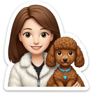 A white girl smiles a broad smile. She parts a long straight brown hair in middle. and she wears a white fur jacket. She also holds one brown poodle. sticker