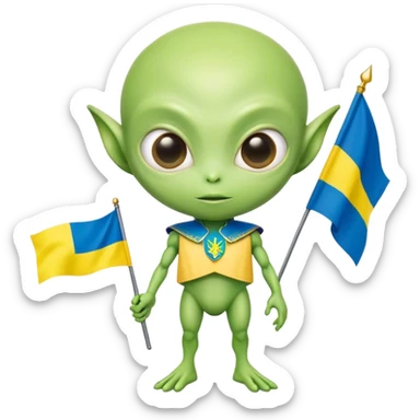 Green alien with Ukraine flag sticker