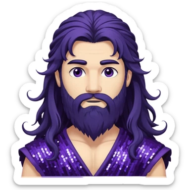 Boreas, God of North Wind from Gods and Goddesses with long black shaggy hair and beard, dark purple sequin outfit sticker