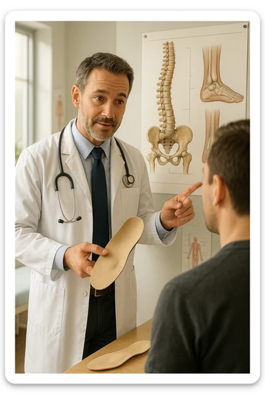 A realistic, cinematic illustration of a professional male doctor in his mid-40s, wearing a white coat, calmly explaining to a patient the benefits of using orthopedic insoles (plantari) for posture correction. The doctor holds a custom insole in his hand while pointing gently to a detailed anatomical poster showing the human spine, pelvis, and feet, illustrating the connection between foot alignment and posture. The setting is a bright, clean medical office with soft natural lighting, a treatment table, and educational anatomical charts in the background. The patient, seen from behind, listens attentively, while the doctor maintains a warm, knowledgeable expression, emphasizing preventive care and body alignment through plantar support. The scene feels trustworthy, modern, and health-focused. sticker