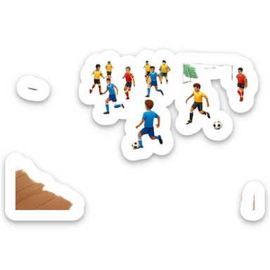 A mini-football match in an indoor sports hall with wooden flooring and clear field markings. The scene shows a vibrant game in action, with players positioned on the court, the goalposts visible, and the atmosphere filled with energy and focus. sticker