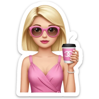 Chanel Oberlin, holding a coffee cup, wearing sunglasses, stylish pink dress sticker