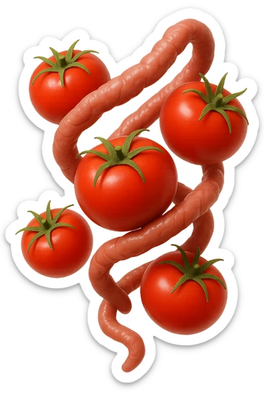 emoji stile iphone di pomodori che fluttuano in aria con colon attorcigliato intorno, iperrealistico 4k, isolato su sfondo bianco sticker