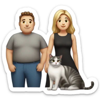 Family photo a fat husband and a woman and them two cats one white and second is black sticker