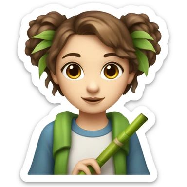 Girl with brown hair and blue highlights and green eyes and koala ears holding bamboo stick  sticker