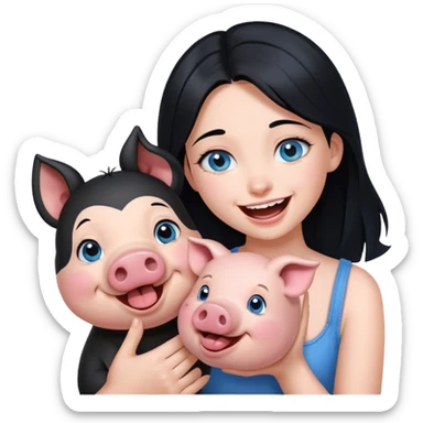  girl with blue eyes and black hair laughing at her pig trying to kiss her  sticker