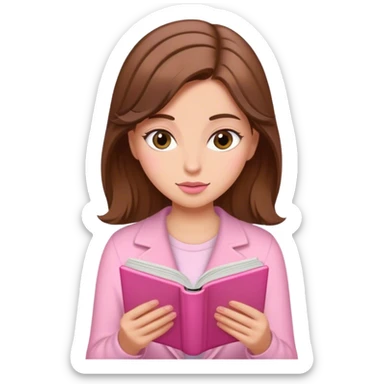 a brown haired, fair skinned female reader reading a pink romance novel sticker