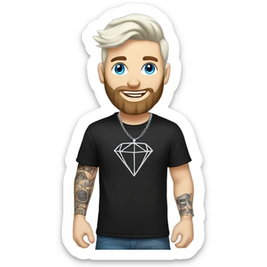 Younger white male that has grey blue eyes, dark brown hair with grey on the sides, a beard, and tattoos. He is wearing a diamond coated white gold necklace and a black punk band t-shirt while waving hello sticker
