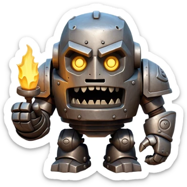 Cinematic Comical Mighty Iron Golem Portrait Emoji Head tilted dramatically with an exaggeratedly amused expression, featuring a bulky, armored form with a slightly lopsided stance, ancient runes flickering erratically, and one massive, jointed hand raised in a slow, deliberate wave. Wide, expressive glowing eyes give it an almost humorous, puzzled look, as if it’s contemplating something far beyond mortal understanding. Rendered with detailed metallic textures and deep, dynamic lighting, high shine, dramatic yet whimsical, styled with a hint of unexpected charm, soft glowing outline, capturing the essence of an endearing yet colossal guardian that looks ready to crack an impossibly slow, earth-shaking joke! sticker