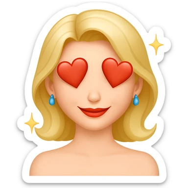 Change the facial expression to falling in love with dreamy eyes and a soft smile. Add hearts or sparkles around the face. Keep the same style as the reference image. Remove the background. sticker