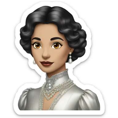 Regal pretty woman photograph defined cheekbones crown vintage with very long iridescent black and silver hair wavy black hair pearl crown iridescent sticker