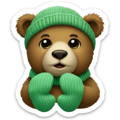 Bear sitting with knitted Sage green mittens sticker