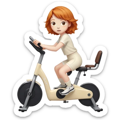 Ginger girl tousled french bob haircut riding stationary bike cream outfit sticker