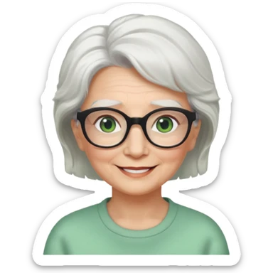 White hair grandma, green eyes, hair to shoulder, lokeg black glasses, rectangles face, smile , sticker