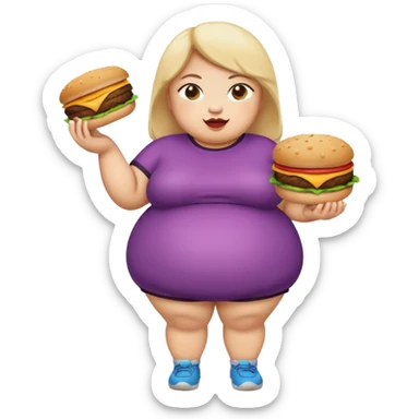 n create a humongous asian girl with 2 burgers and a cookie in her mouth, she is super obese, please make her a full body emoji sticker
