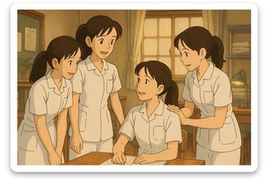 Scène intérieure Ghibli : quatre étudiants infirmiers en interaction, tenues blanches à manches courtes, tuniques col en V avec poche poitrine à gauche, avant-bras nus, sans stéthoscopes ni pied de col, cheveux longs attachés. Collaboration visible, ambiance bienveillante. sticker