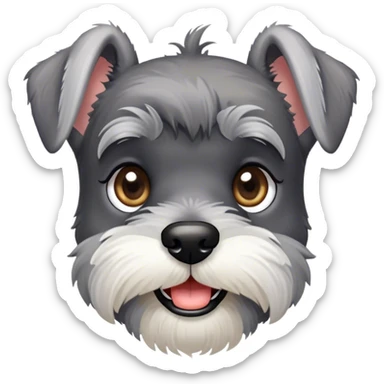 Cinematic Cute Miniature Schnauzer Portrait Emoji, Head cheerfully cocked with expressive, twinkling eyes and a neatly trimmed, adorable salt-and-pepper fur, simplified yet endearingly detailed, glowing with a bright, friendly radiance, high shine, exuding smart and spunky charm, styled with a delicate, whimsical outline, capturing the essence of a cute Miniature Schnauzer that appears ready to scamper off the screen with delightful energy! sticker