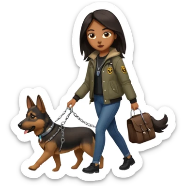 a girl with a brown dark long hair, she's walking her dog is a german shepard sticker