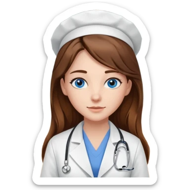 pretty female nursing student with long brown hair, blue eyes inside a classroom at university sticker