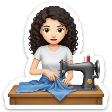 a woman with long curly dark hair sewing clothes wearing a white t shirt sticker