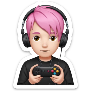 pink haired boy with headphones holding all black game controller sticker
