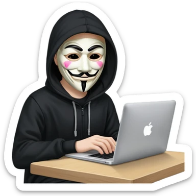 guy fawkes mask black hoodie typing on macbook sticker