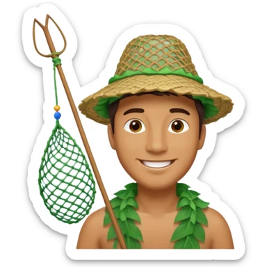 Hawaiian man with leaf hat and big fishing net and colorful cloth sticker