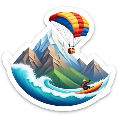 A bold emblem featuring a combination of symbols representing various extreme sports, like a mountain peak, a parachute, and a wave. The design is dynamic and sharp, capturing the thrill and adventure of extreme sports, with a strong, energetic vibe. sticker