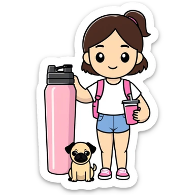 brunette cool girlie with her pink Stanley water tumbler and a cute pug sticker