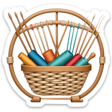 Weaving icon, various types of weaving such as basket weaving, macramé, and loom weaving, showing intertwined threads or ropes, weaving tools like shuttle, crochet hook, and loom, minimalistic style, clean lines, transparent background. sticker