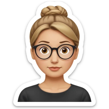 femme de 38 ans avec des cheveux tirés vers l'arrière blond foncé sans mèche devant, un chignon haut, yeux bruns, lunettes rondes, visage ovale sticker