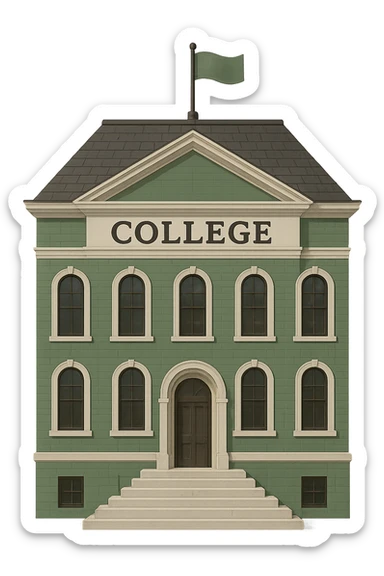 Make the college building less cartoonish, more realistic and professional with a green, gold, and white color scheme. The design should be bold and clear, suitable for digital use, with no background. sticker