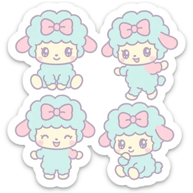 DeeDreamy, a cute blue and pink Sanrio lamb, four different poses, kawaii style, pastel colors, big sparkling eyes, fluffy wool, wearing a bow sticker