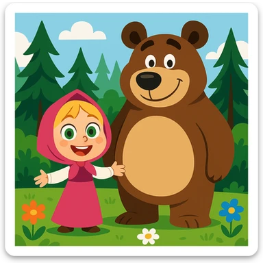 cheerful little girl with big green eyes and blonde hair, wearing a pink dress and headscarf, standing beside a large friendly brown bear with a gentle face and round belly, both smiling in a lush green forest with tall pine trees and colorful flowers, cartoon style, bright lighting, clean background sticker