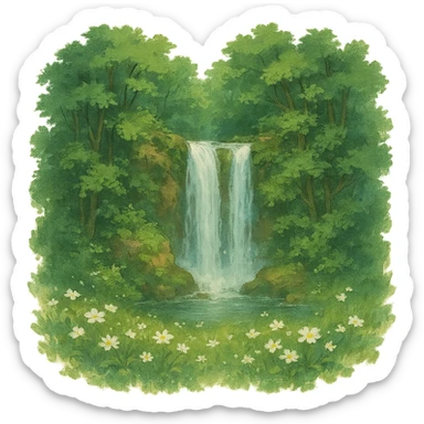 double waterfall in forest, some white flowers, natural colors, soft, fairy-like atmosphere, no background, square size sticker