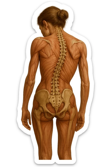 donna di spalle con spina dorsale in evidenza, postura storta, spalle chiuse in avanti, iperrealistica 4k sticker