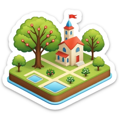 An icon featuring a local map, and regional landmarks, symbolizing local gardening. The design includes a tree, and 1 building, representing the unique geography and culture of a specific area. Transparent background highlights the exploration of local history and environment. sticker