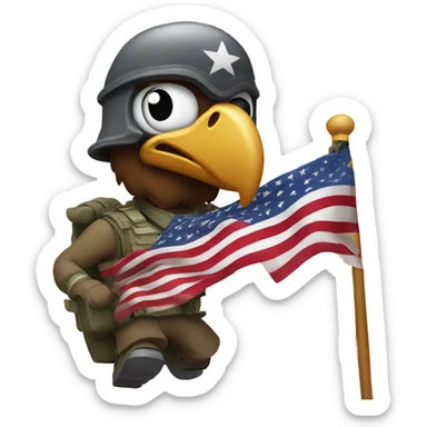 Eagle with a mustache and a army helmet running with a American flag  sticker