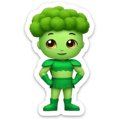 kawaii cute funny mini superhero with green clothes and a broccolis as hair,  full body saying hello sticker
