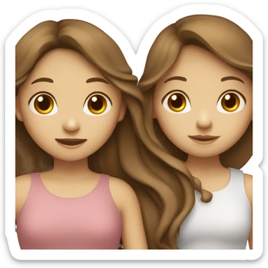 Two girls with white skin hugging. one has long wavy brown hair and the other has long straight brown hair with bangs. sticker