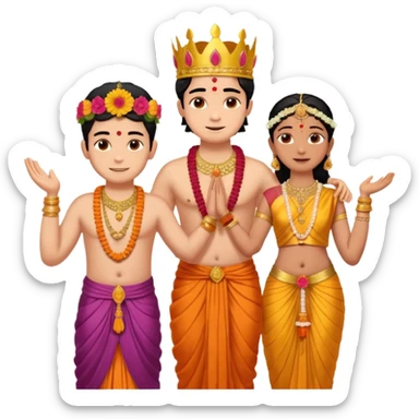 Brahmin boy is thanking to the bharatanatyam dancer. Only the girl is in lordess padmavati with golden crown and giant flower garland on her neck. The boy is a normal helper. The girl is fat and tall the boy is small. sticker