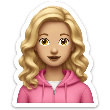 Preppy girl with wavy dirty blonde hair, eyelashes, and a pink hoodie sticker
