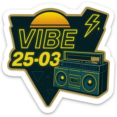Reformat the VIBE25-03 neon 80's synthwave boombox logo into a square layout, preserving the neon yellow and vibrant retro style with no background, keeping the synthwave aesthetic and neon glow effects. sticker