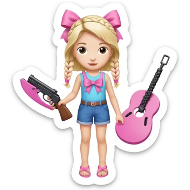 A girl who has a braid on one should and has a flipflop in one hand that has a bow while in the other hand she has a gun with a bow  sticker