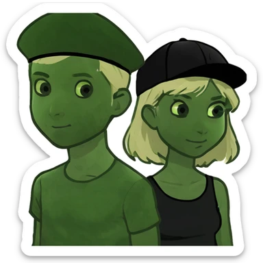 Girl with blonde hair and green eyes and a boy with black hair and green eyes sticker