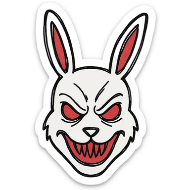 hand-drawn outline style evil white rabbit mask with red accents sticker