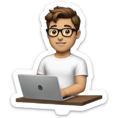 front view of young clark kent wearing white t-shirt using a laptop sticker