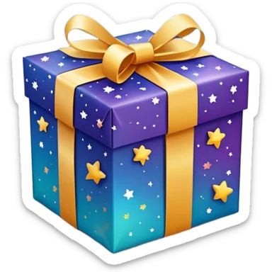 cute gift box with sparkling stars and hearts, smiling wrapping paper, vibrant colors, joyful and romantic mood sticker