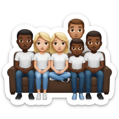 A white girl sitting alone on a couch with 5 black men in white shirts behind the couch sticker