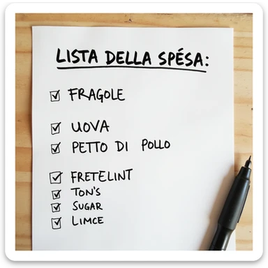 top view of a sheet of paper with handwritten shopping list in pen: 'LISTA DELLA SPESA: - FRAGOLE - UOVA - PETTO DI POLLO', with check marks on already purchased items, hyperrealistic 4K, no background sticker